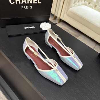 Uubags Chanel Mary Janes shoes crocodile-embossed crumpled laminated lambskin in light green & dark burgundy 1cm