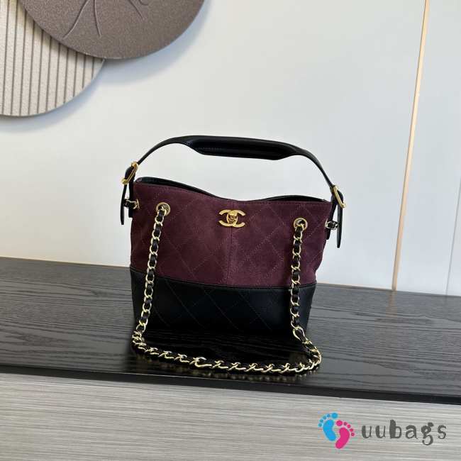 Uubags Chanel Small Shopping Bag In Calfskin Suede, Glossy Sheepskin & Gold Metallic Burgundy & Black 20x16x8.5cm - 1