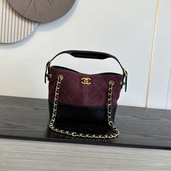 Uubags Chanel Small Shopping Bag In Calfskin Suede, Glossy Sheepskin & Gold Metallic Burgundy & Black 20x16x8.5cm